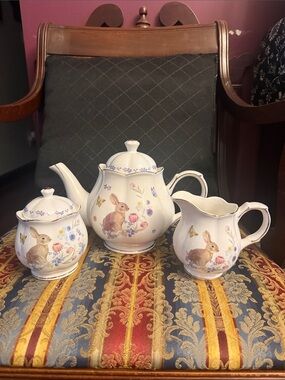 Porcelain Bunny Tea Set in White with Floral Accent